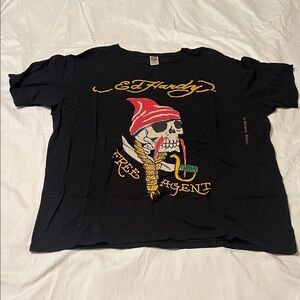 Ed Hardy Black Tee with Skull and Red Accents